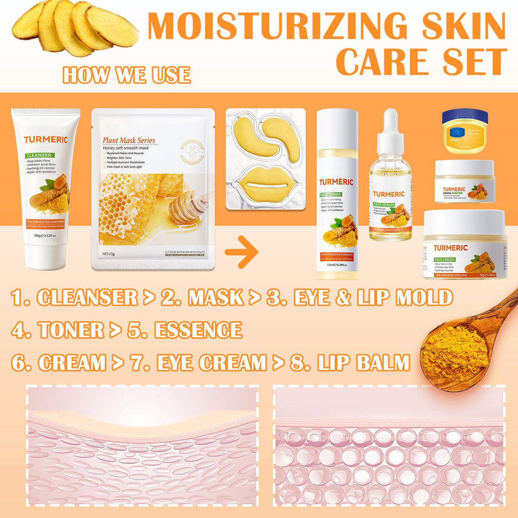 LZYLLS 11PCS Turmeric Skincare Set | Turmeric Face Wash, Eye Cream, Toner, Serum, Lip Balm & Honey Masks