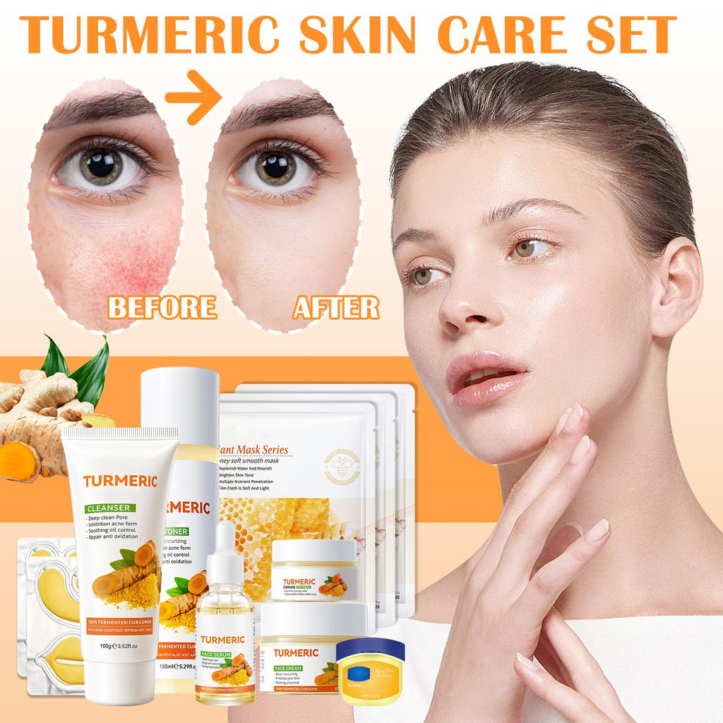 LZYLLS 11PCS Turmeric Skincare Set | Turmeric Face Wash, Eye Cream, Toner, Serum, Lip Balm & Honey Masks