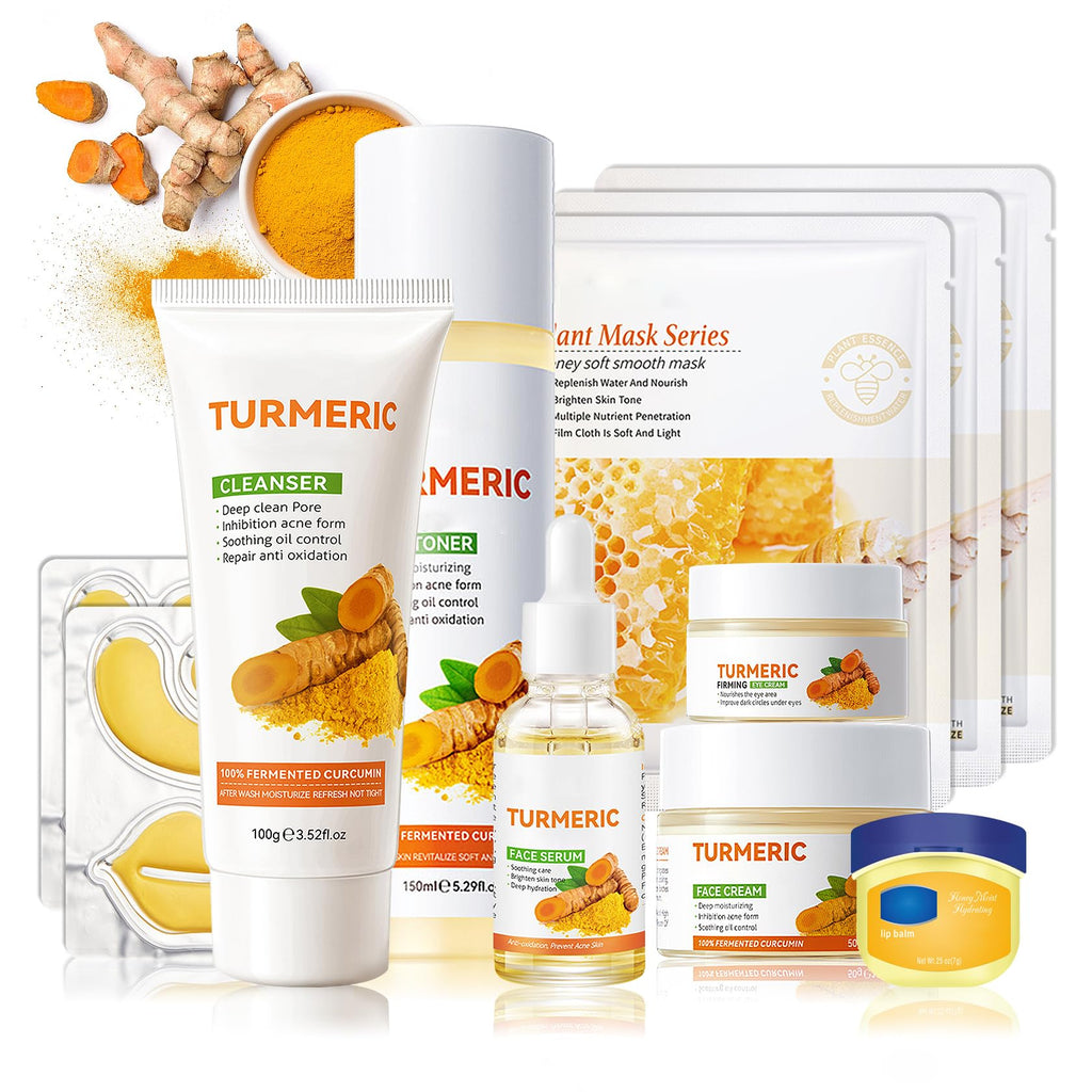 LZYLLS 11PCS Turmeric Skincare Set | Turmeric Face Wash, Eye Cream, Toner, Serum, Lip Balm & Honey Masks