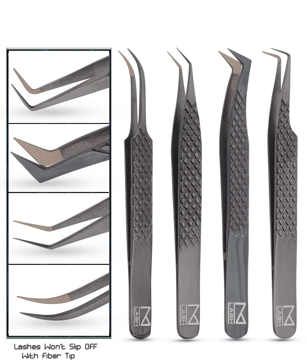 M LASH Tweezers Set of 4 – Fiber Tip, Japanese Steel, Diamond Grip (Black)