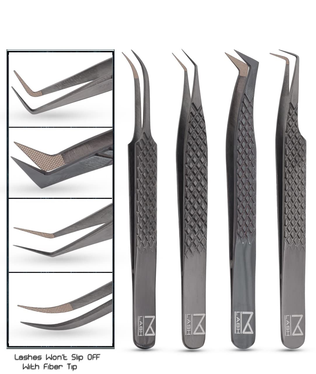M LASH Tweezers Set of 4 – Fiber Tip, Japanese Steel, Diamond Grip (Black)