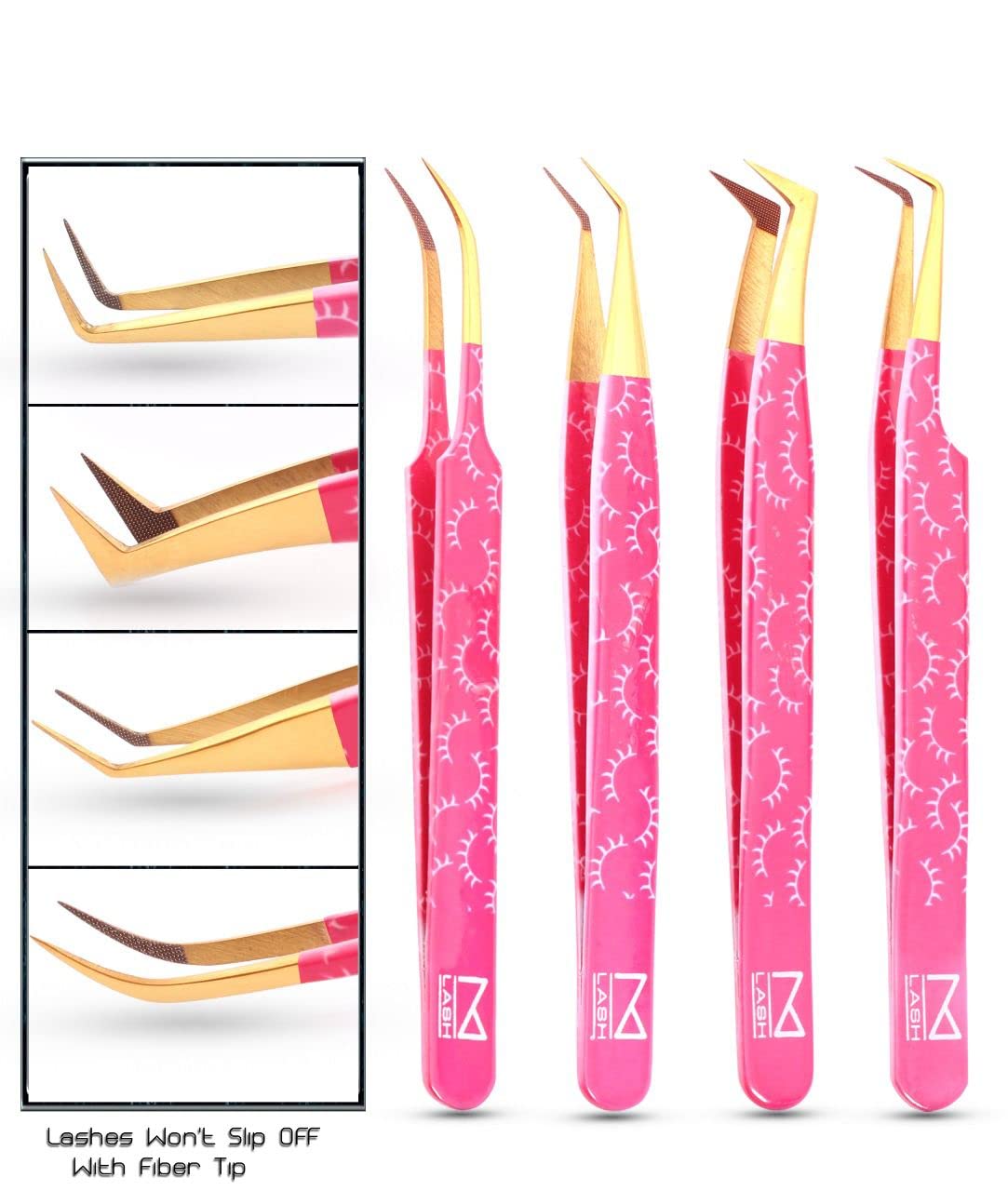 M LASH Tweezers for Eyelash Extensions (Set of 4) – Japanese Steel, Fiber Tip, Diamond Grip