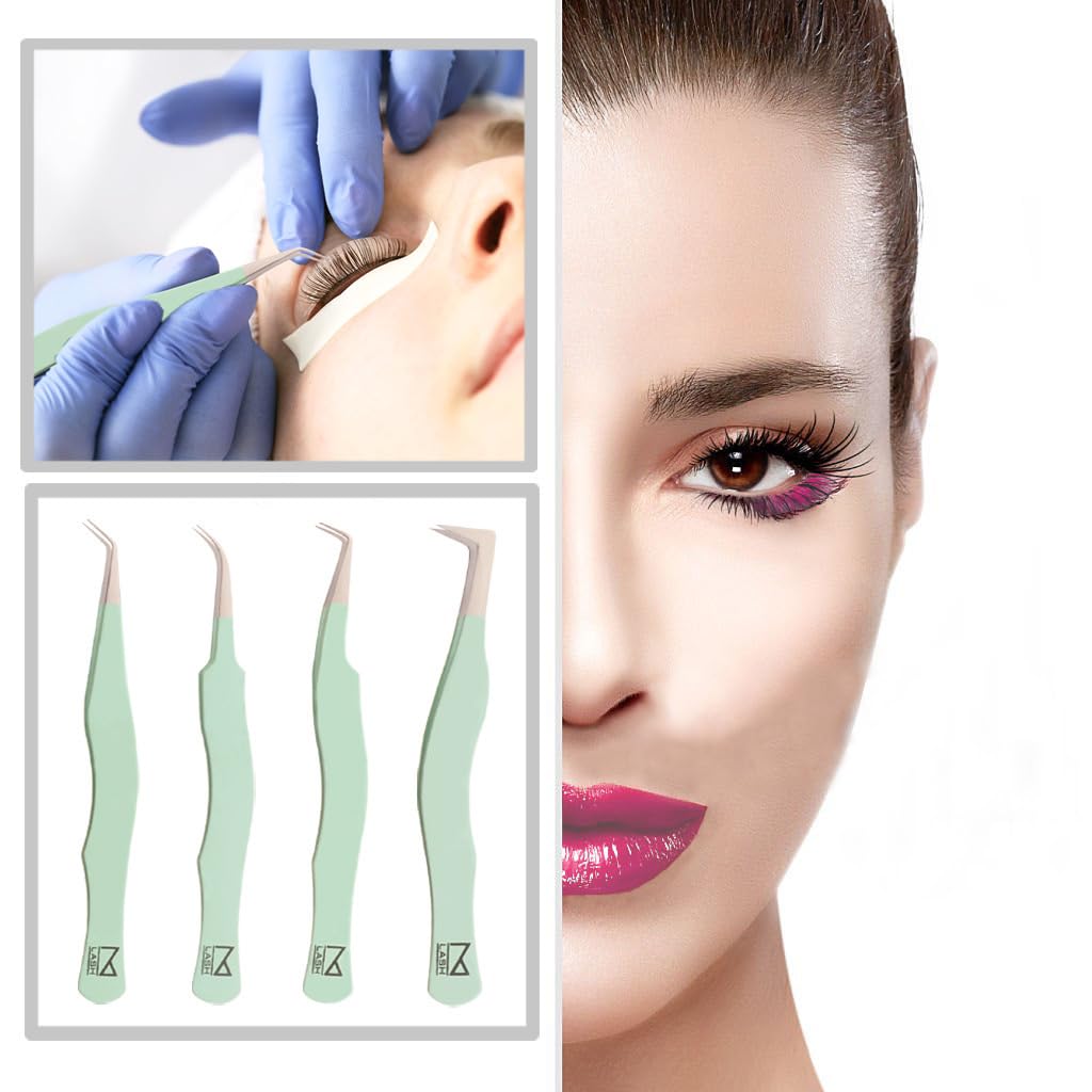 M LASH Tweezers for Eyelash Extensions – 4-Piece Set with Fiber Tip, Japanese Steel, Diamond Grip