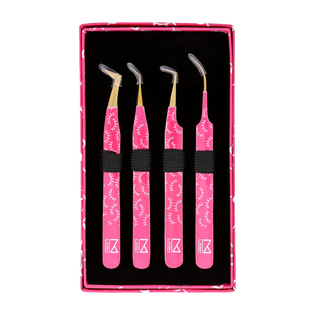 M LASH Tweezers for Eyelash Extensions (Set of 4) – Japanese Steel, Fiber Tip, Diamond Grip