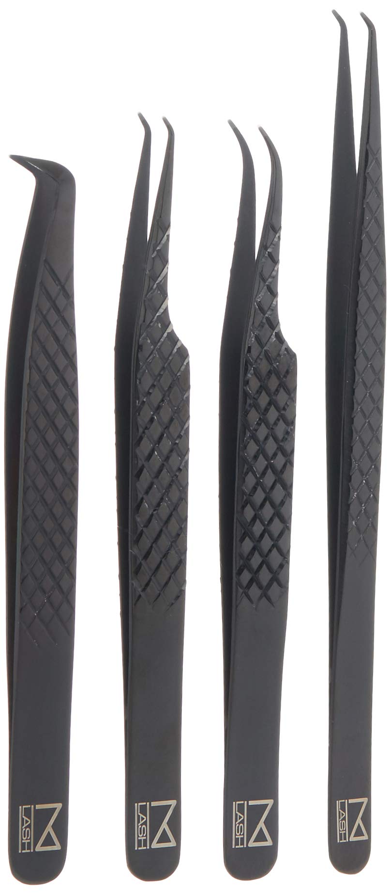 M LASH Tweezers for Eyelash Extensions – 4-Piece Set with Fiber Tip, Japanese Steel, Diamond Grip