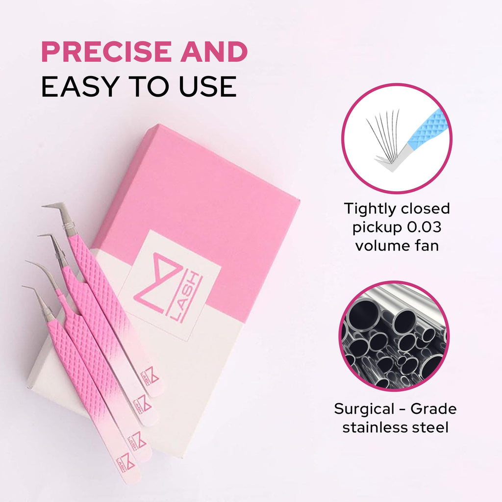 M LASH Tweezers for Eyelash Extensions (Set of 4) – Japanese Steel, Fiber Tip, Diamond Grip