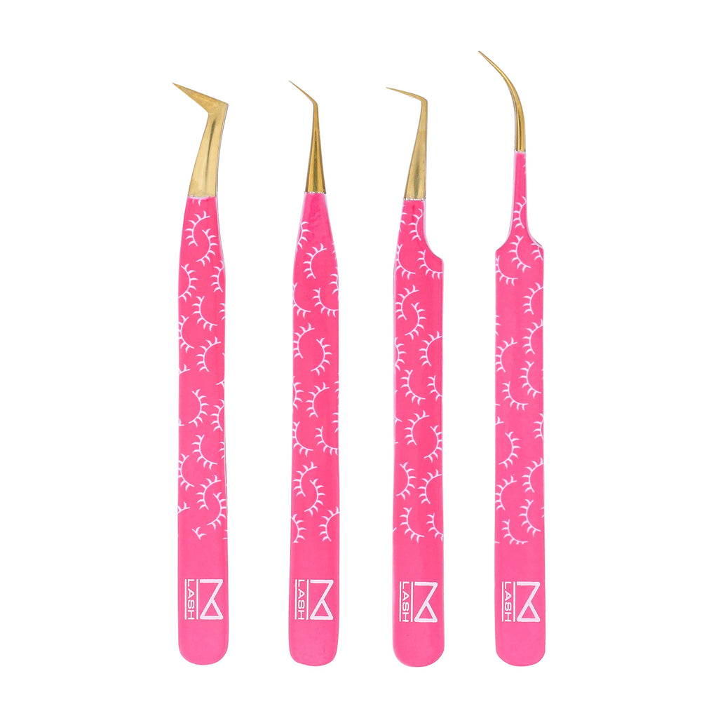 M LASH Tweezers for Eyelash Extensions (Set of 4) – Japanese Steel, Fiber Tip, Diamond Grip
