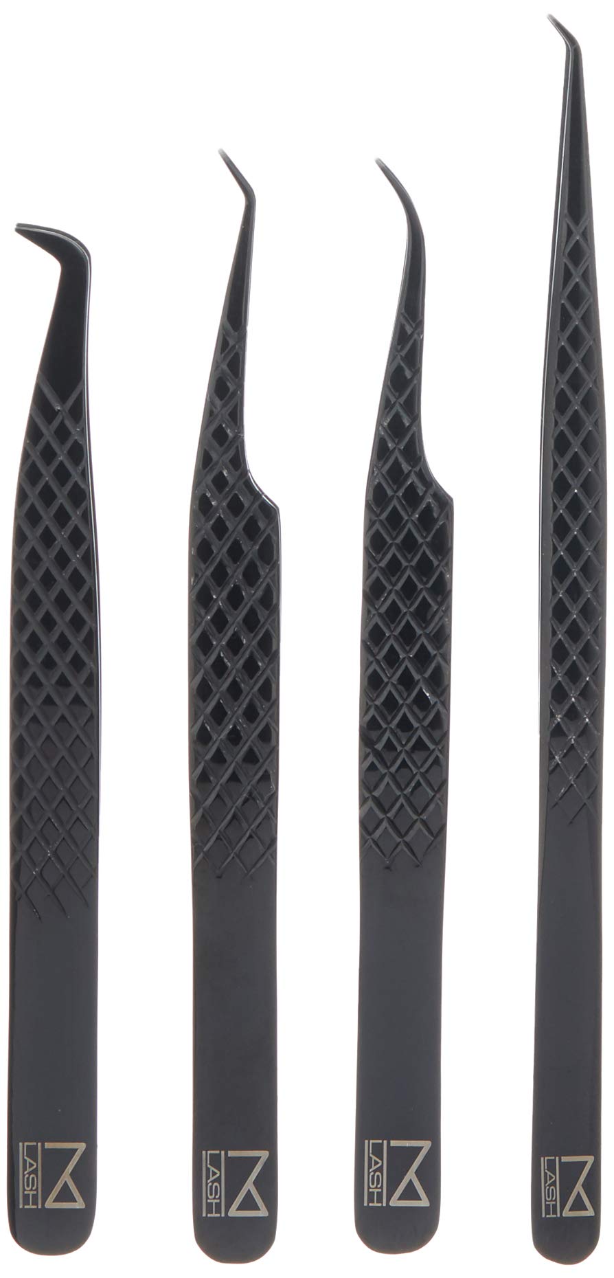 M LASH Tweezers for Eyelash Extensions – 4-Piece Set with Fiber Tip, Japanese Steel, Diamond Grip