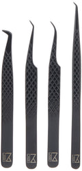 M LASH Tweezers for Eyelash Extensions – 4-Piece Set with Fiber Tip, Japanese Steel, Diamond Grip