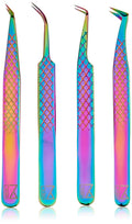 M LASH Tweezers for Eyelash Extensions (Set of 4) | Fiber Tip, Japanese Steel, Diamond Grip