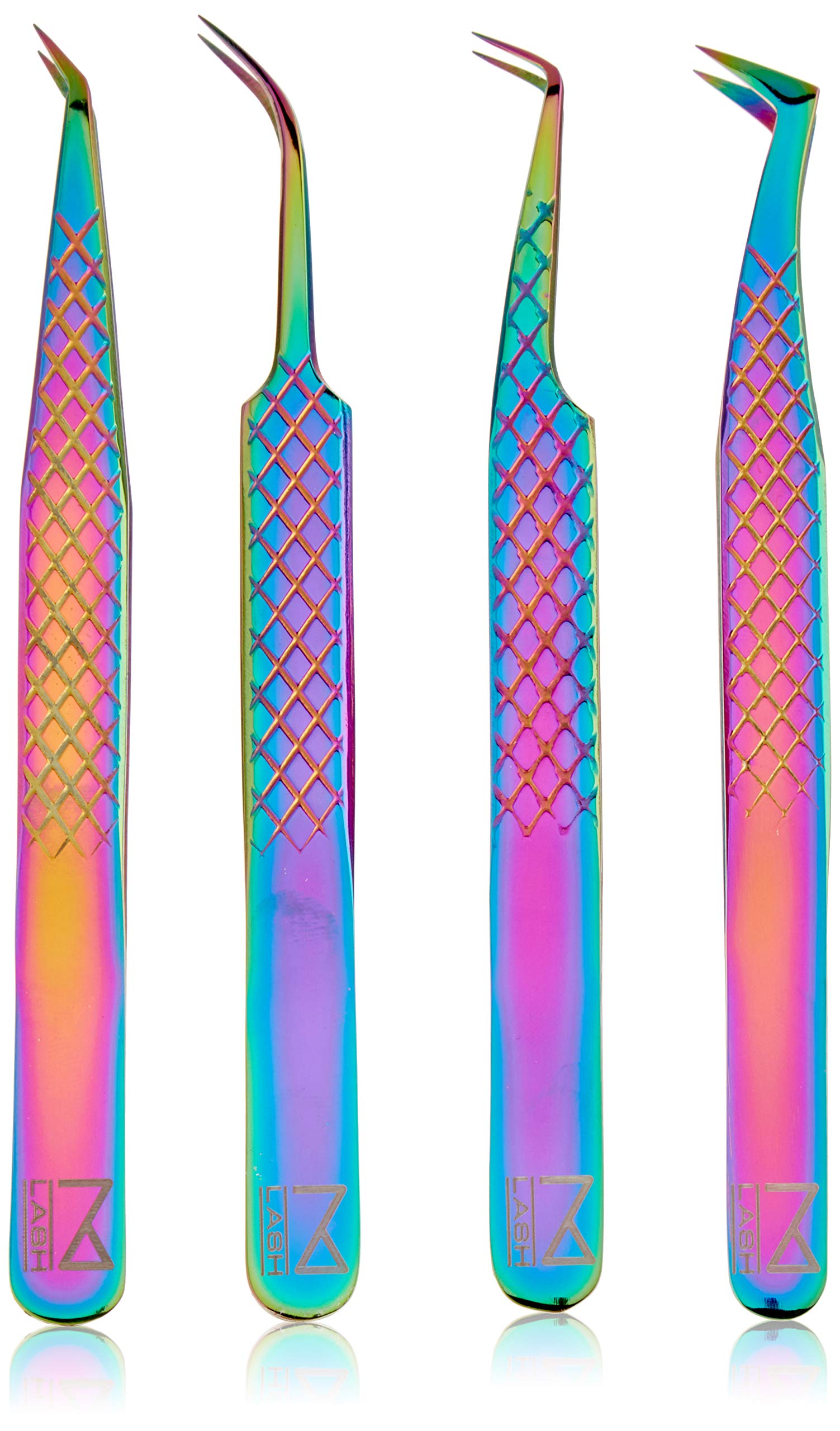 M LASH Tweezers for Eyelash Extensions (Set of 4) | Fiber Tip, Japanese Steel, Diamond Grip