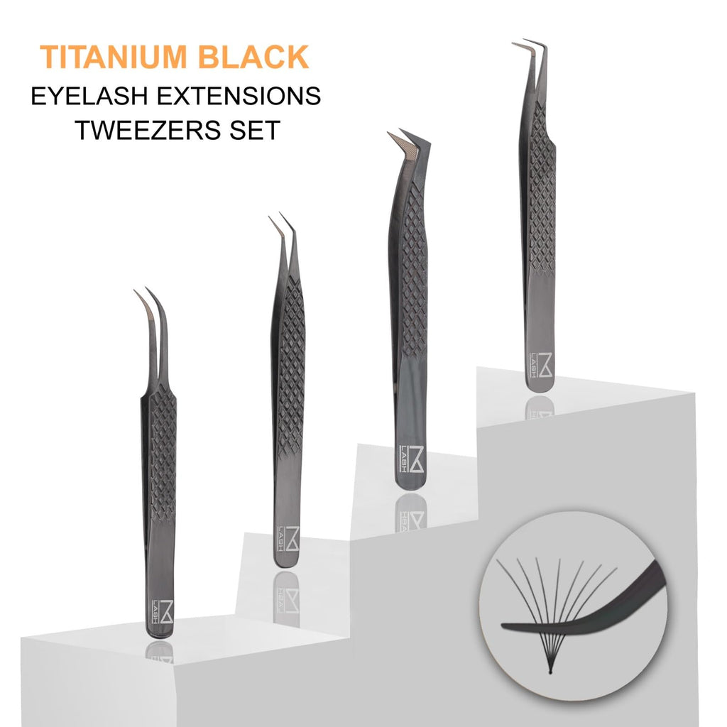 M LASH Tweezers Set of 4 – Fiber Tip, Japanese Steel, Diamond Grip (Black)