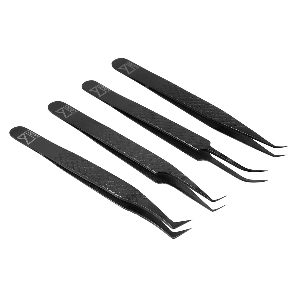 M LASH Tweezers Set of 4 – Fiber Tip, Japanese Steel, Diamond Grip (Black)