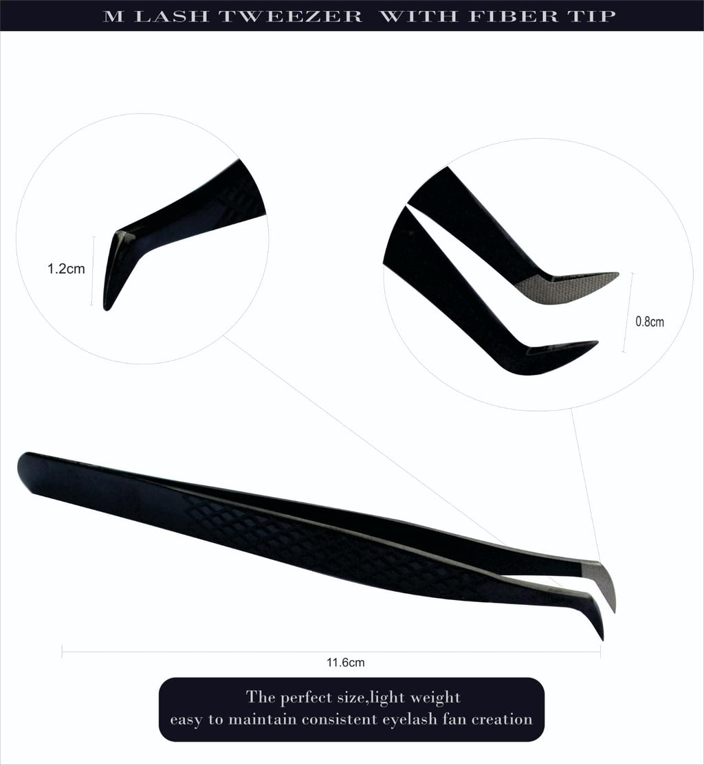 M LASH Tweezers for Eyelash Extensions – 4-Piece Set with Fiber Tip, Japanese Steel, Diamond Grip