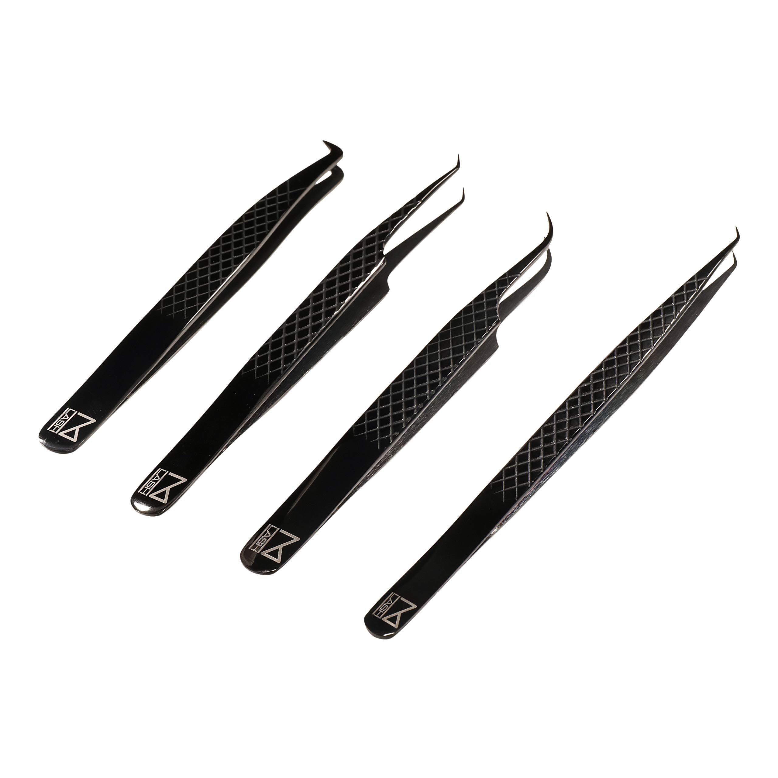 M LASH Tweezers for Eyelash Extensions – 4-Piece Set with Fiber Tip, Japanese Steel, Diamond Grip