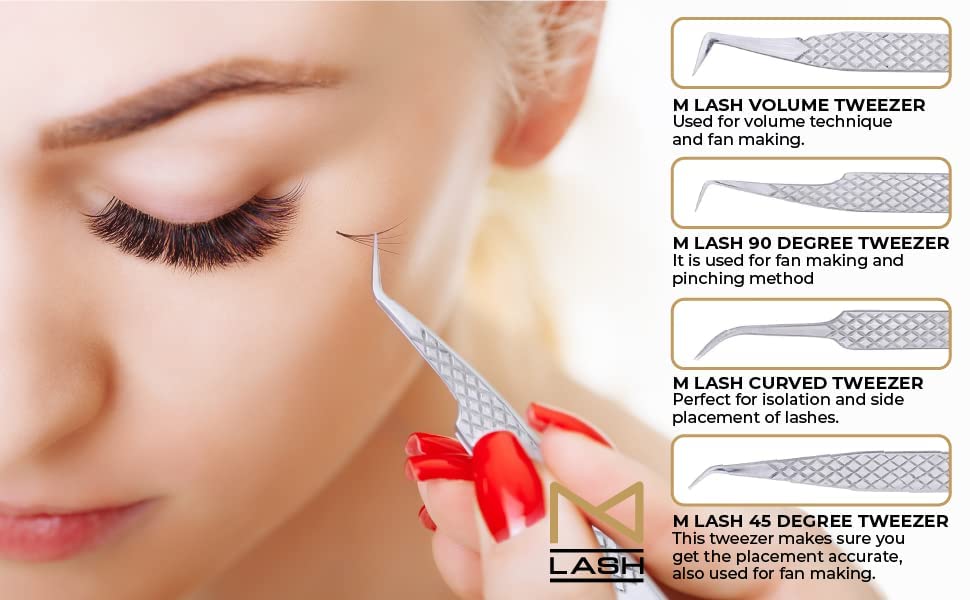 M LASH Tweezers for Eyelash Extensions (Set of 4) | Fiber Tip, Japanese Steel, Diamond Grip