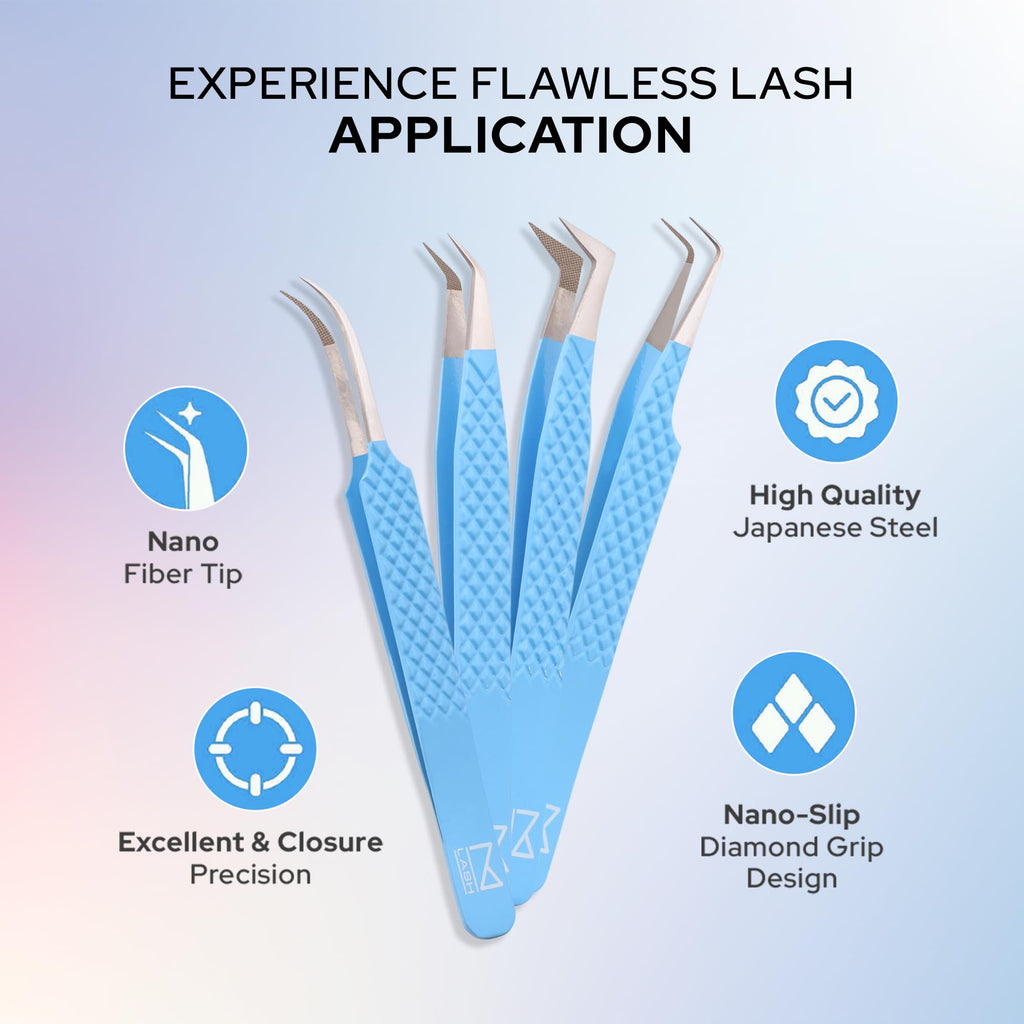 M LASH Tweezers for Eyelash Extensions (Set of 4) – Japanese Steel, Fiber Tip, Diamond Grip