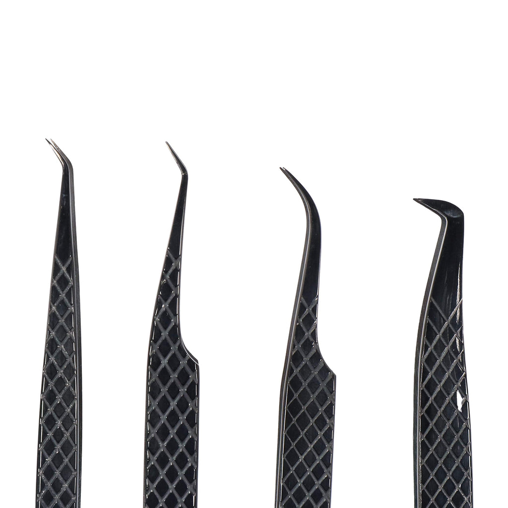 M LASH Tweezers for Eyelash Extensions – 4-Piece Set with Fiber Tip, Japanese Steel, Diamond Grip