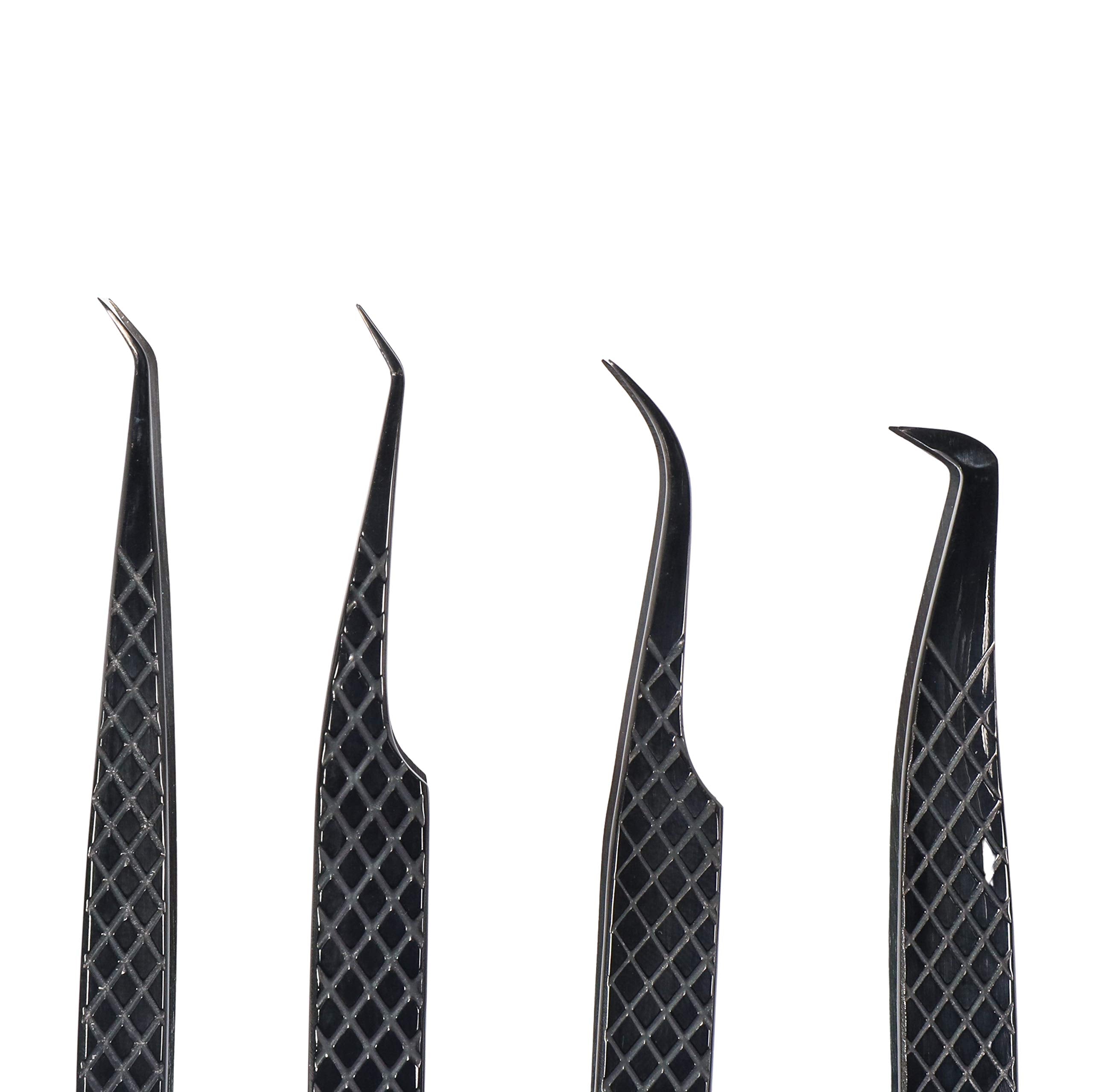 M LASH Tweezers for Eyelash Extensions – 4-Piece Set with Fiber Tip, Japanese Steel, Diamond Grip