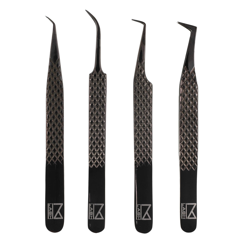M LASH Tweezers Set of 4 – Fiber Tip, Japanese Steel, Diamond Grip (Black)