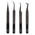 M LASH Tweezers Set of 4 – Fiber Tip, Japanese Steel, Diamond Grip (Black)