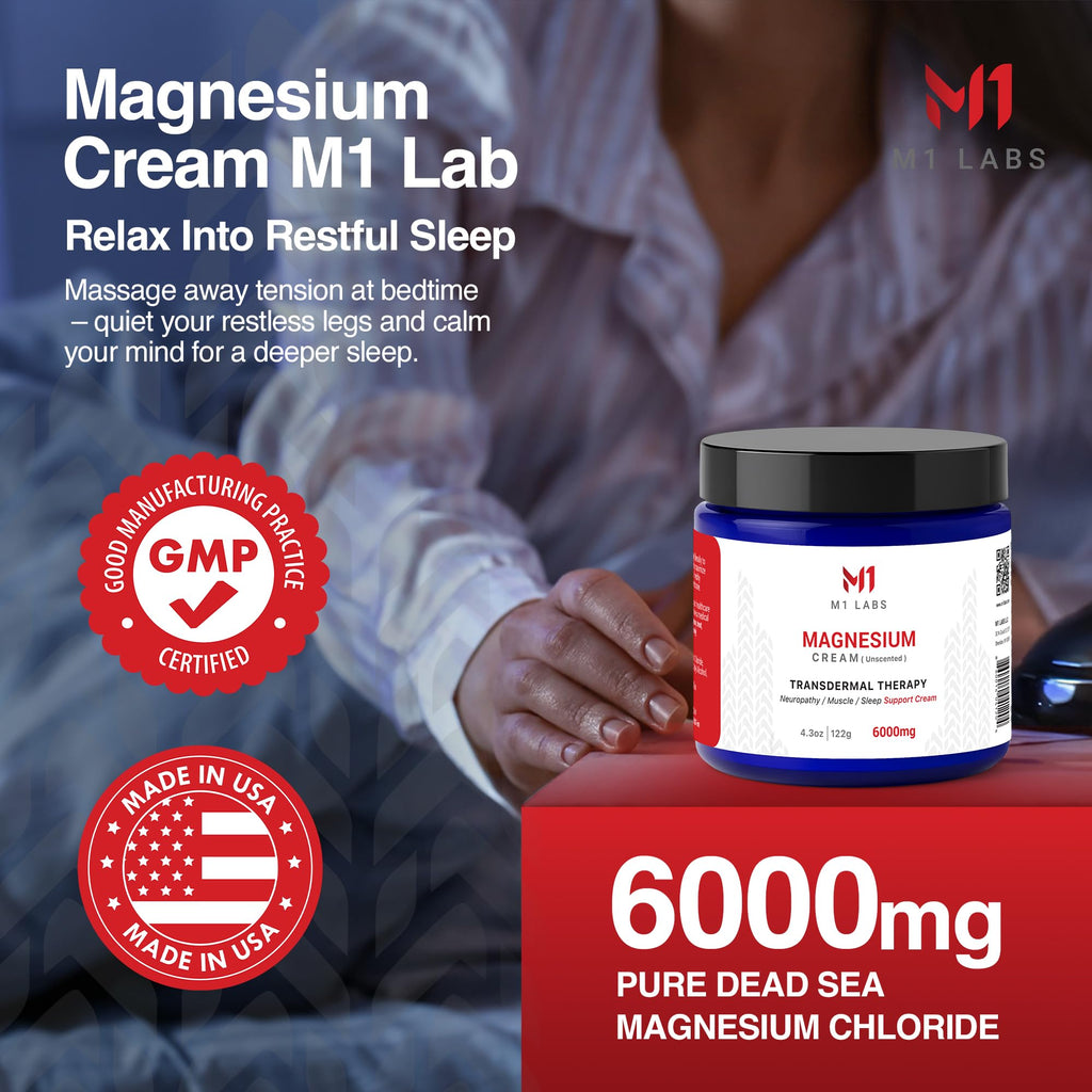 M1 Labs 6000mg Magnesium Topical Cream – Unscented, Fast-Absorbing 4.3 oz for Sleep, Muscles & Neuropathy