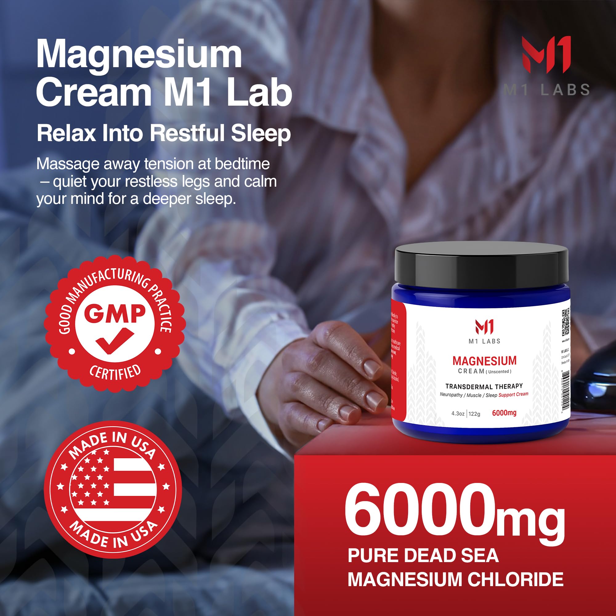 M1 Labs 6000mg Magnesium Topical Cream – Unscented, Fast-Absorbing 4.3 oz for Sleep, Muscles & Neuropathy