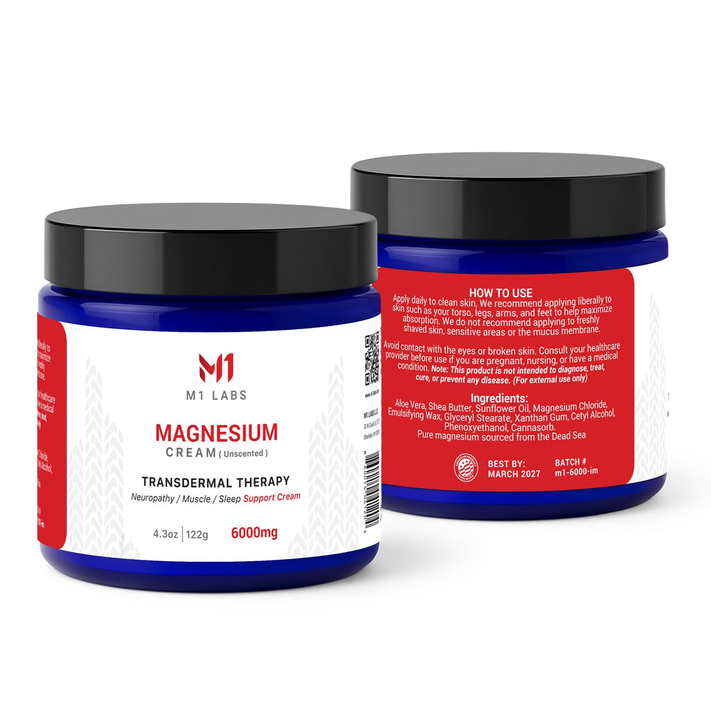 M1 Labs 6000mg Magnesium Topical Cream – Unscented, Fast-Absorbing 4.3 oz for Sleep, Muscles & Neuropathy