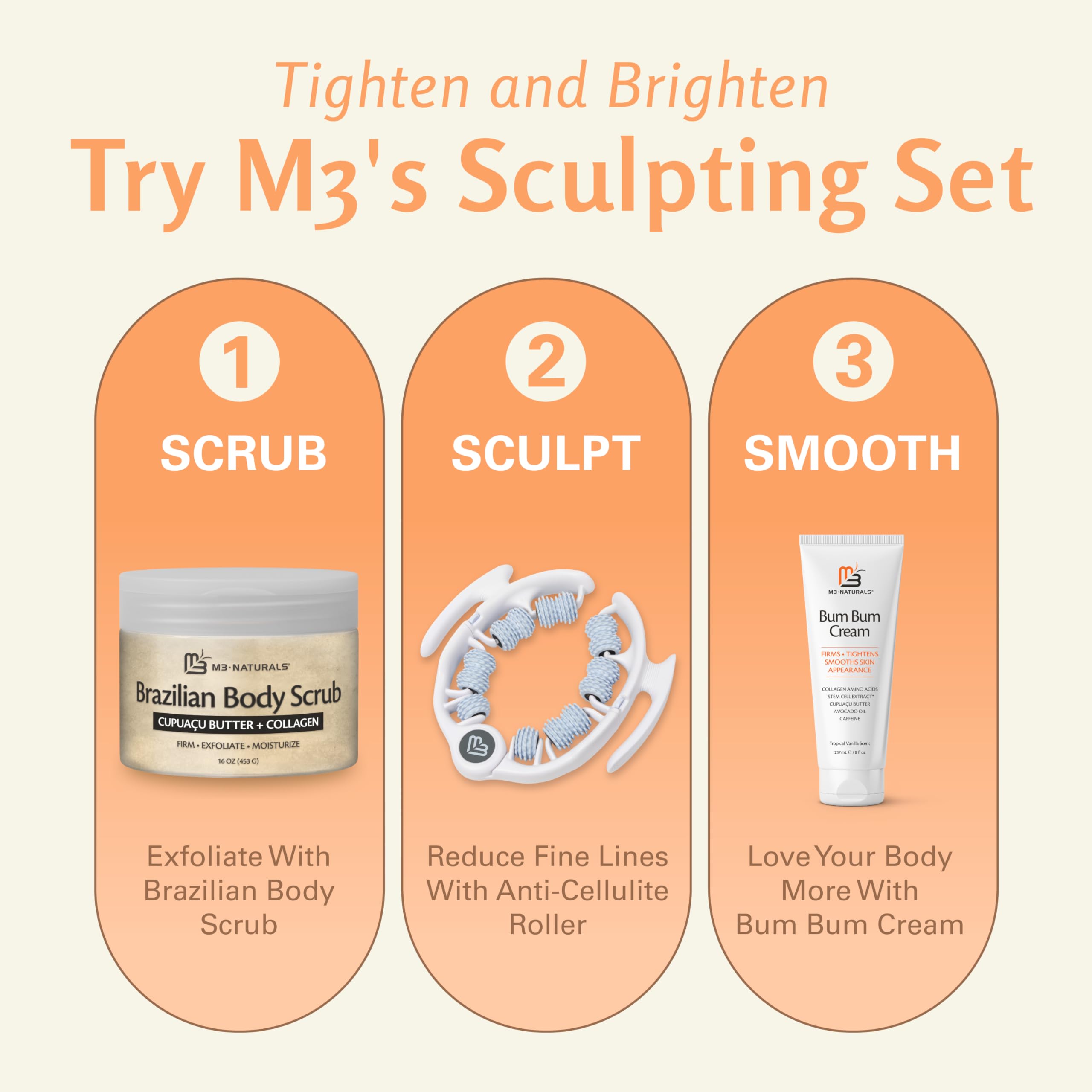 M3 Naturals Brazilian Body Scrub – Firming & Moisturizing Exfoliator (16 oz) with Cupuacu Butter, Jojoba Oil & Collagen