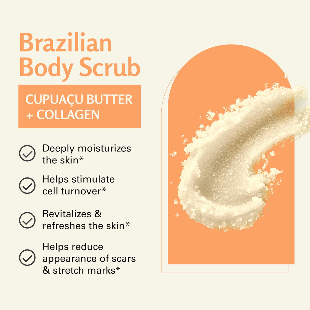 M3 Naturals Brazilian Body Scrub – Firming & Moisturizing Exfoliator (16 oz) with Cupuacu Butter, Jojoba Oil & Collagen