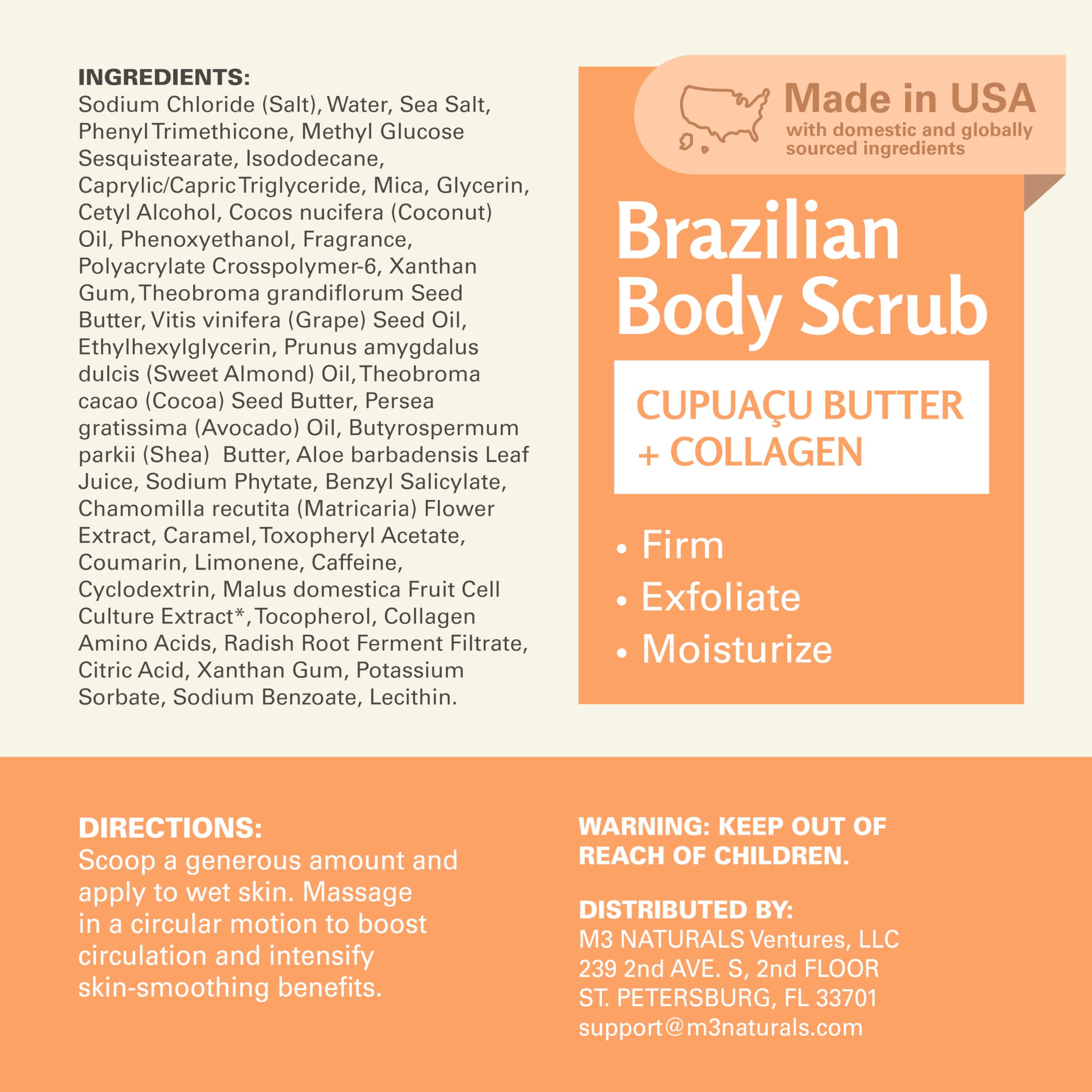 M3 Naturals Brazilian Body Scrub – Firming & Moisturizing Exfoliator (16 oz) with Cupuacu Butter, Jojoba Oil & Collagen