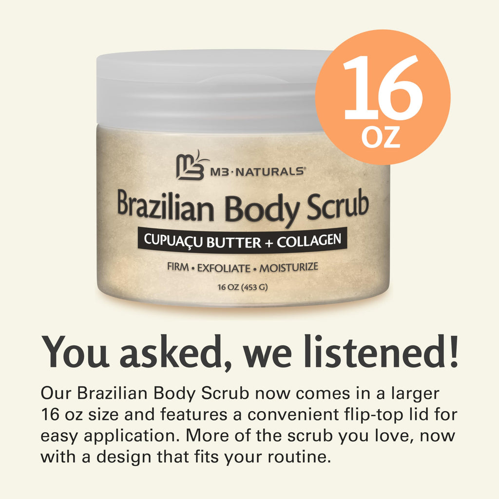 M3 Naturals Brazilian Body Scrub – Firming & Moisturizing Exfoliator (16 oz) with Cupuacu Butter, Jojoba Oil & Collagen