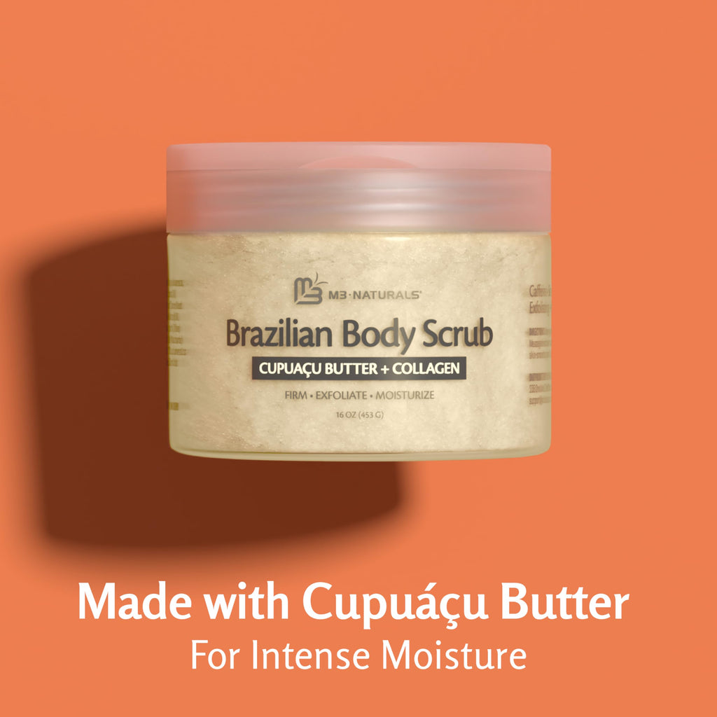 M3 Naturals Brazilian Body Scrub – Firming & Moisturizing Exfoliator (16 oz) with Cupuacu Butter, Jojoba Oil & Collagen