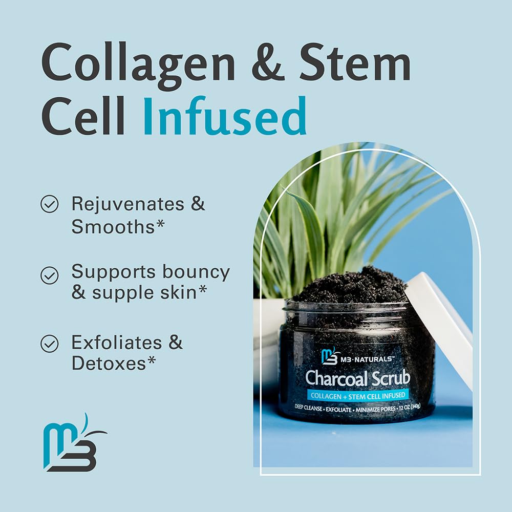 Exfoliating Charcoal Scrub with Collagen & Stem Cells – M3 Naturals Body & Face Salt Scrub