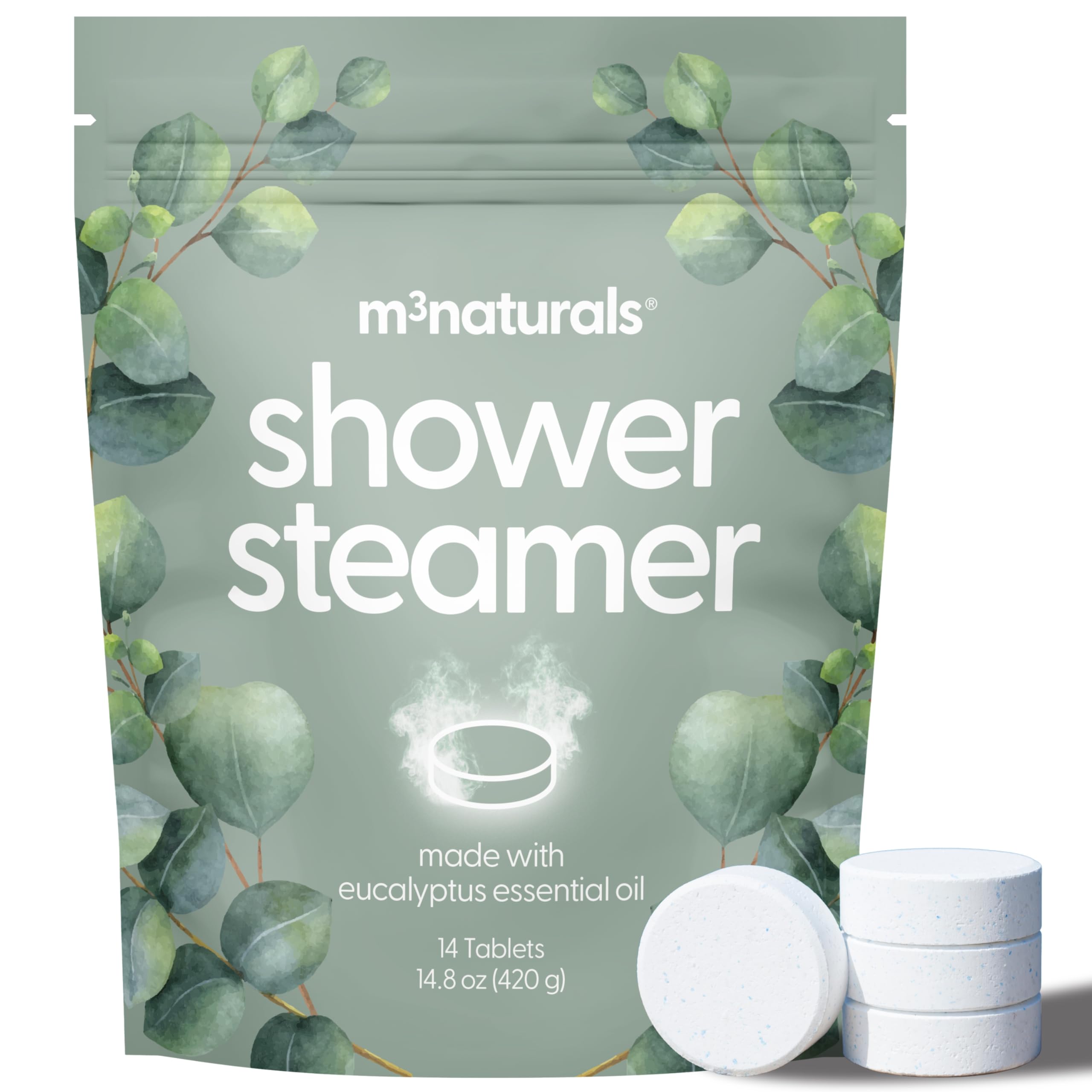 M3 Naturals Eucalyptus Shower Steamers – 14 Individually Wrapped Tablets for Relaxation, Sinus Support & Recovery