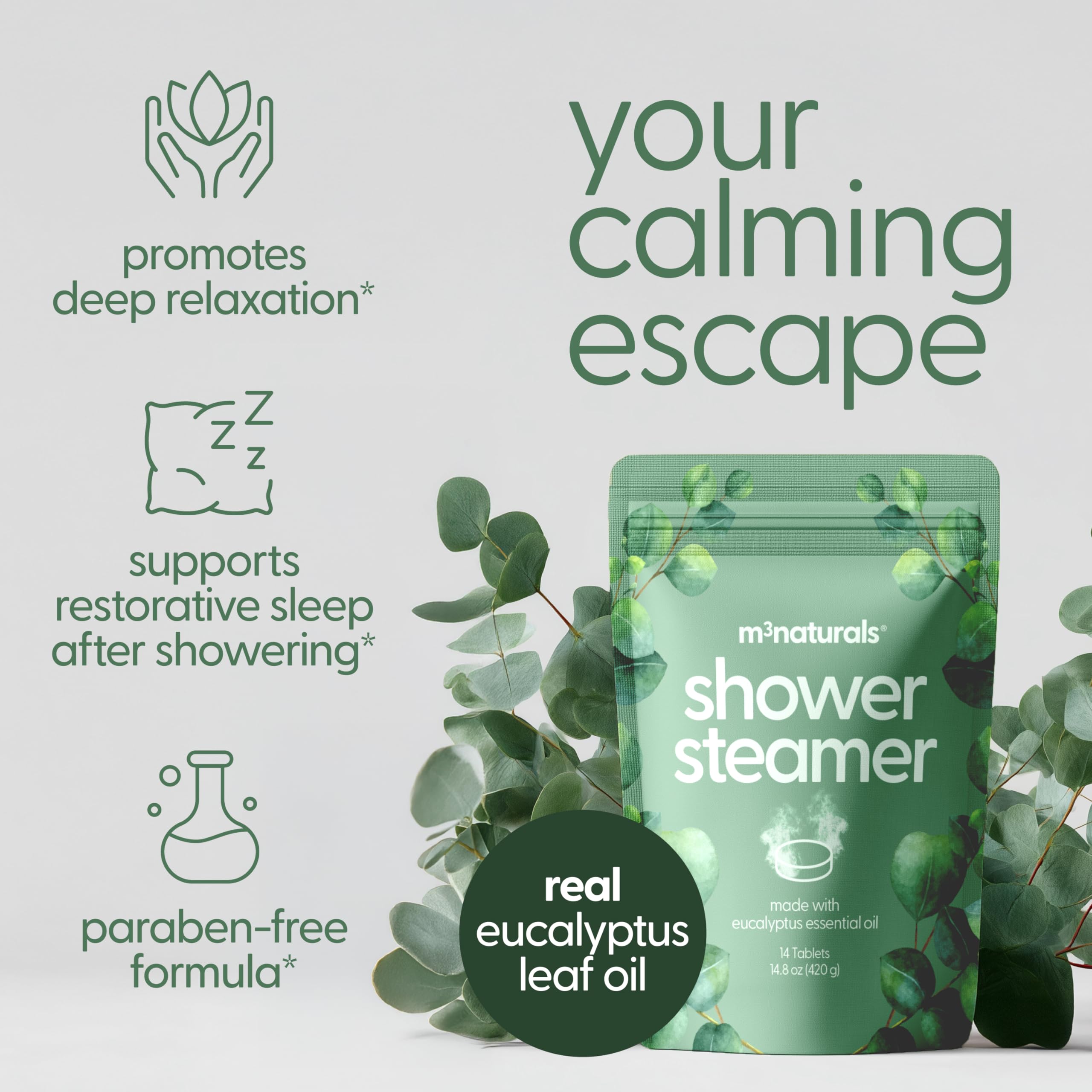 M3 Naturals Eucalyptus Shower Steamers – 14 Individually Wrapped Tablets for Relaxation, Sinus Support & Recovery