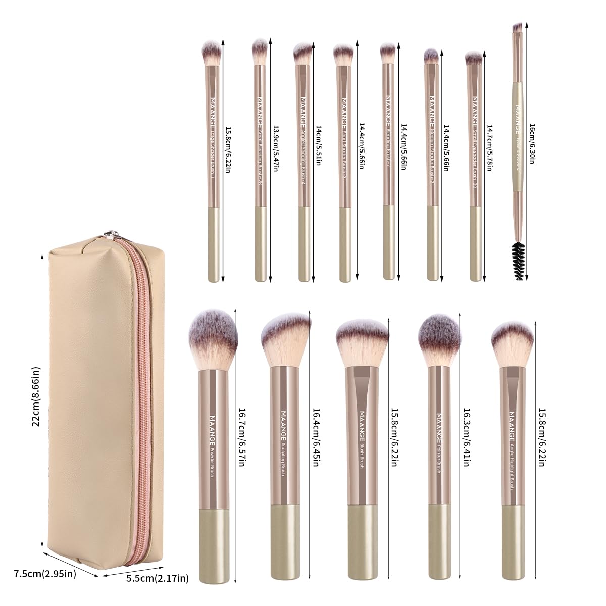 MAANGE 13-Piece Makeup Brush Set in Champagne Case – Premium Synthetic Brushes