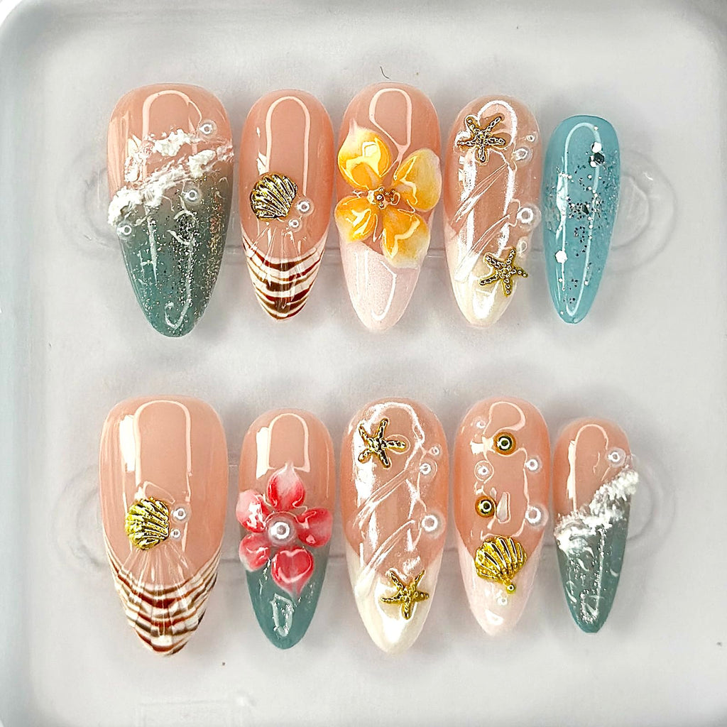 MABKJLF Luxury Press On Nails – Medium Almond French Tip, 3D Floral Design