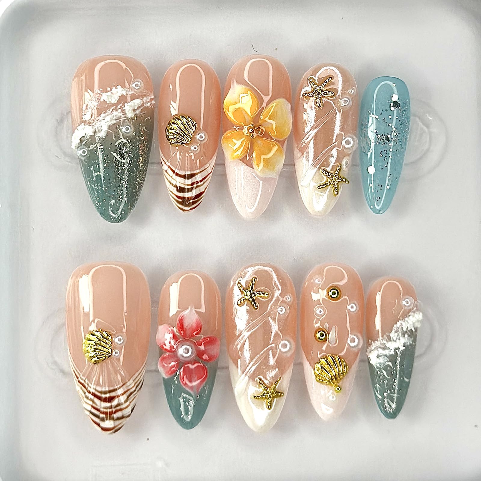 MABKJLF Luxury Press On Nails – Medium Almond French Tip, 3D Floral Design