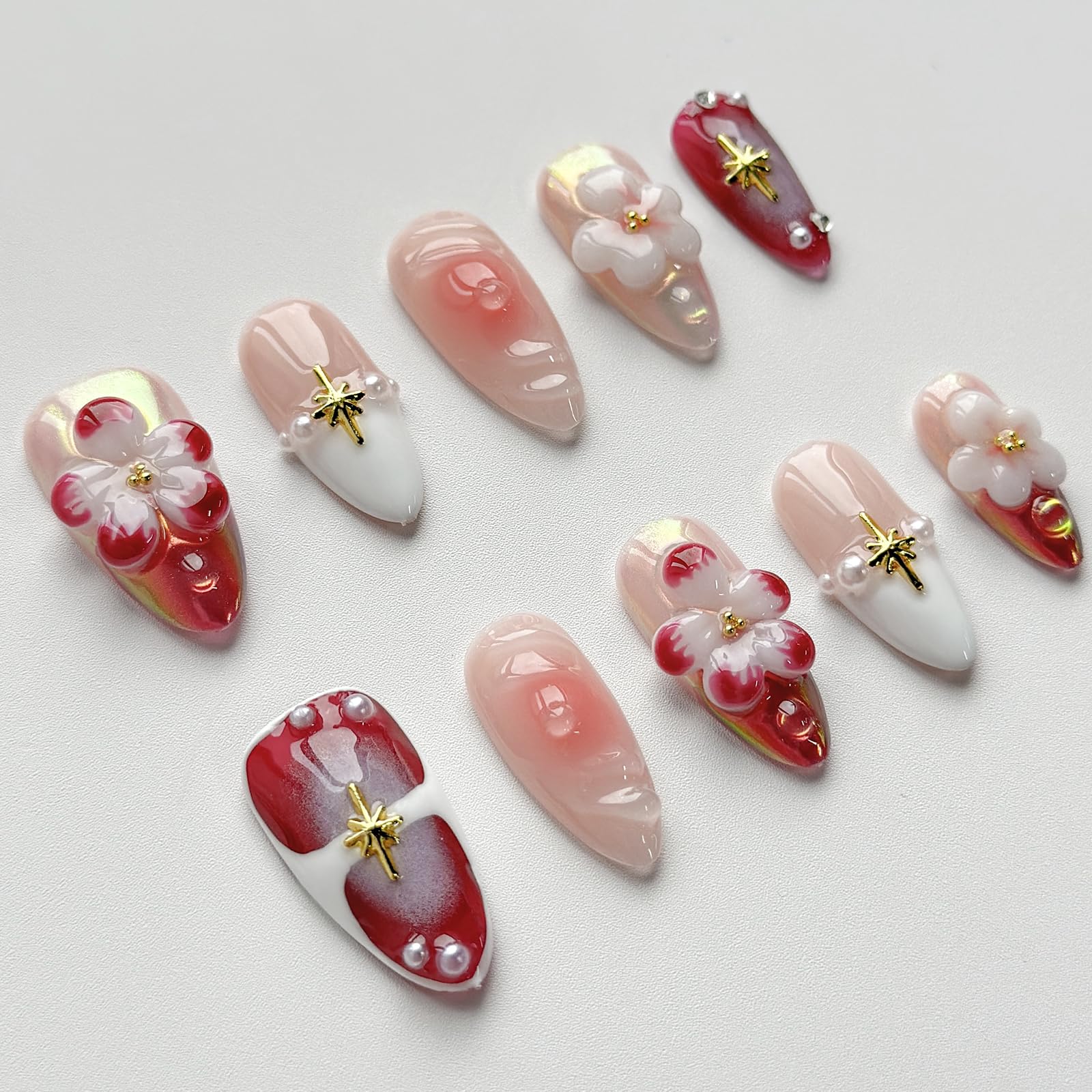 MABKJLF Luxury Press On Nails – Medium Almond, 3D Design, Reusable ABS, Chrome French Tip