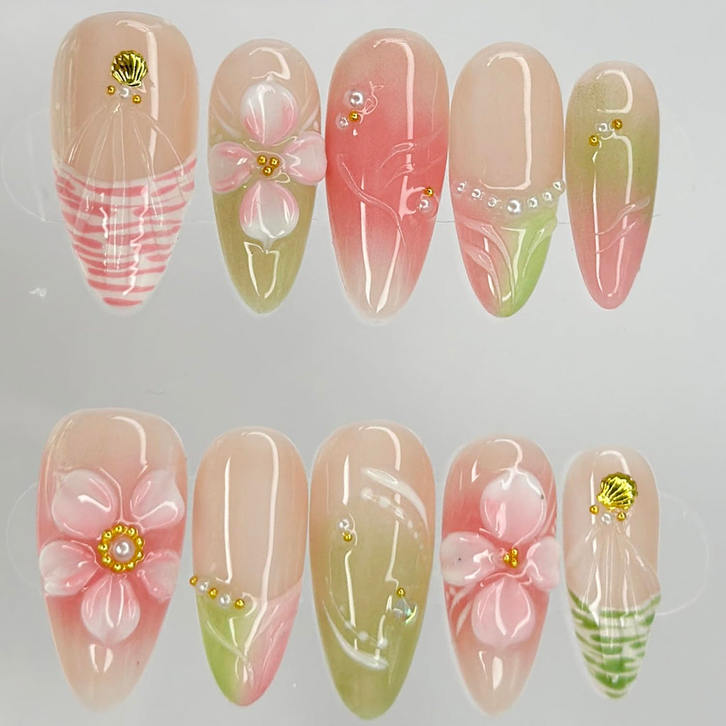 MABKJLF Luxury Press On Nails – Medium Almond French Tip, 3D Floral, Reusable ABS
