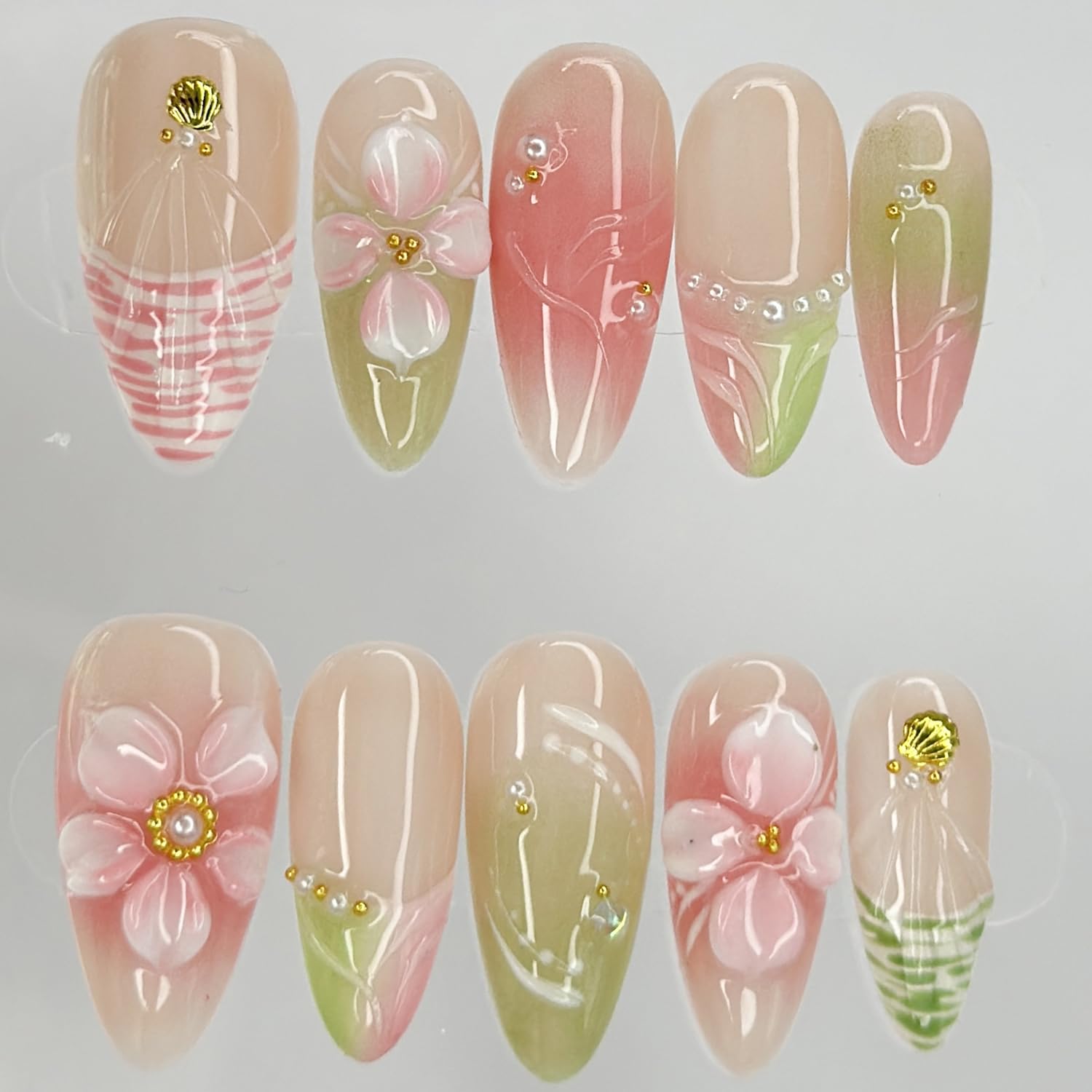 MABKJLF Luxury Press On Nails – Medium Almond French Tip, 3D Floral, Reusable ABS