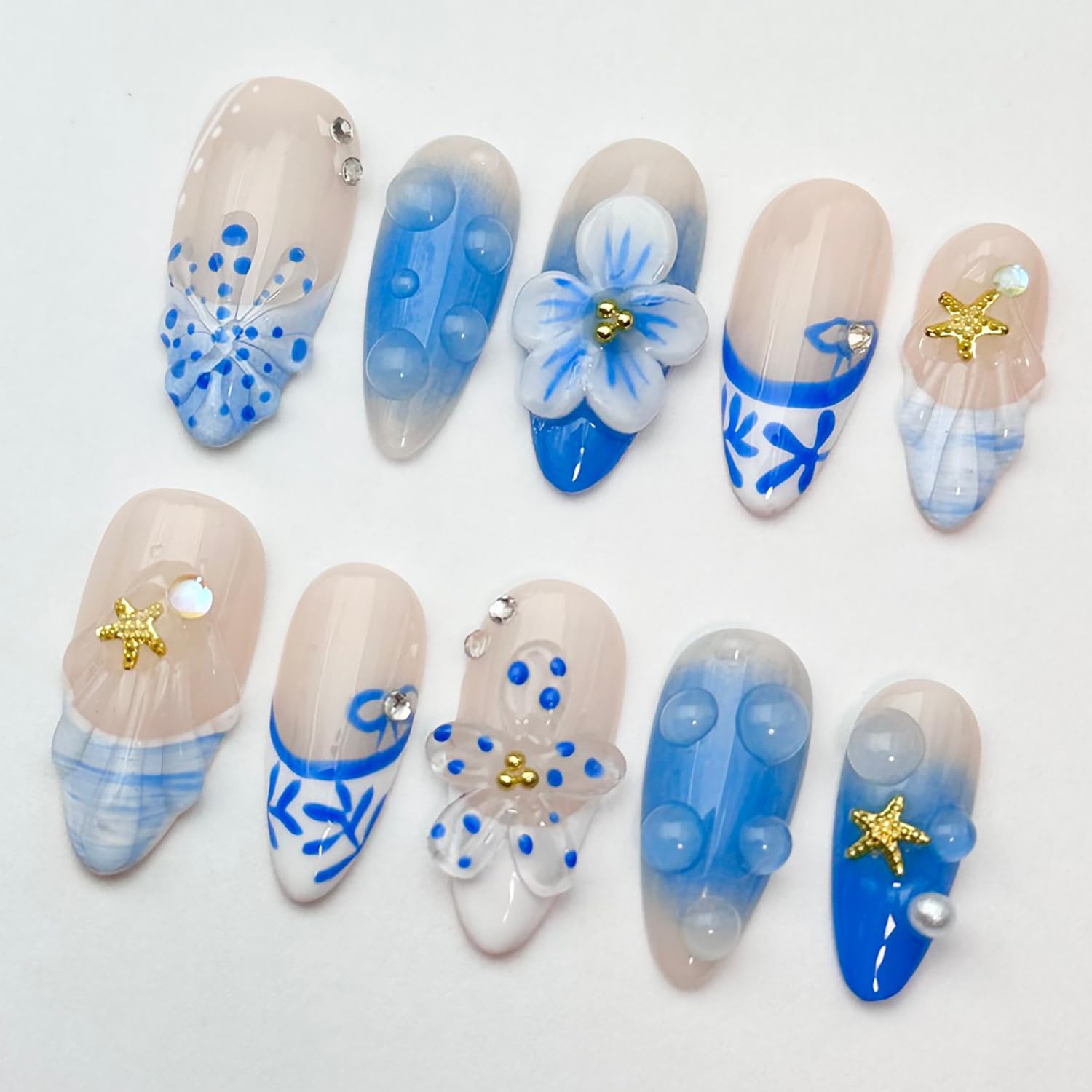 MABKJLF Luxury Press On Nails – Medium Almond, Blue French Tip, 3D Art