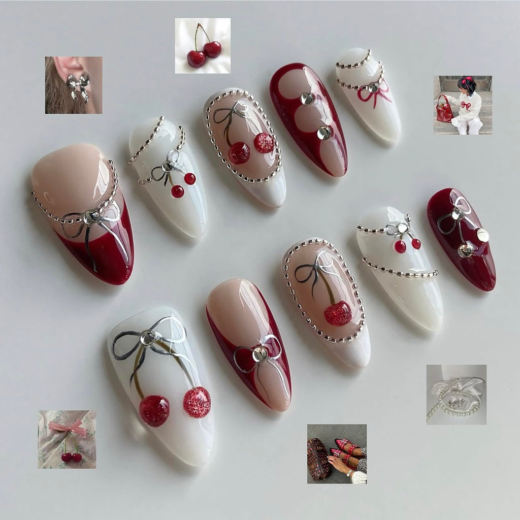 MABKJLF Luxury Press On Nails — Medium Almond, 3D Design, Reusable ABS, Glossy French Tip