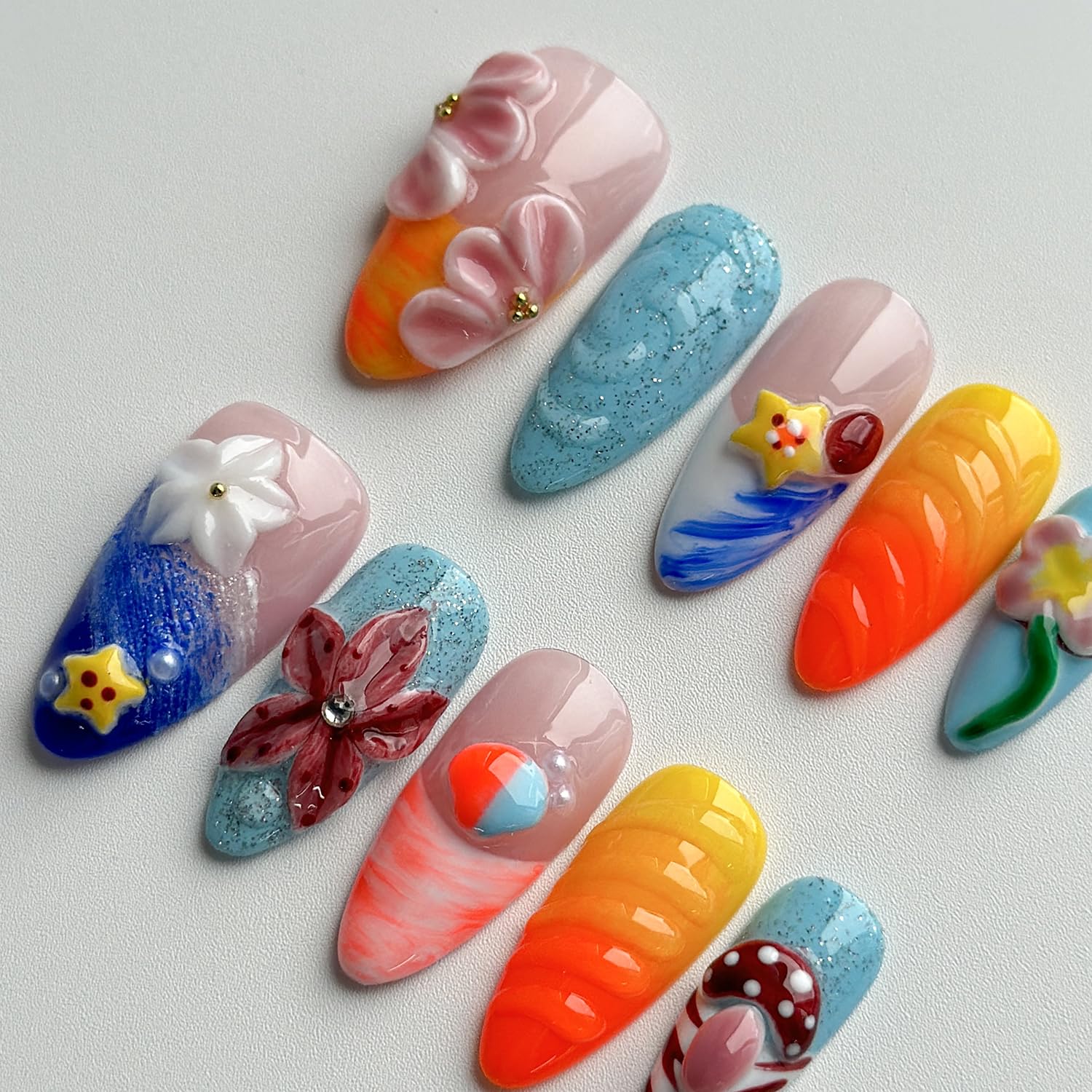 MABKJLF Luxury Press On Nails – Medium Almond, 3D Handmade, Reusable ABS, French Tip