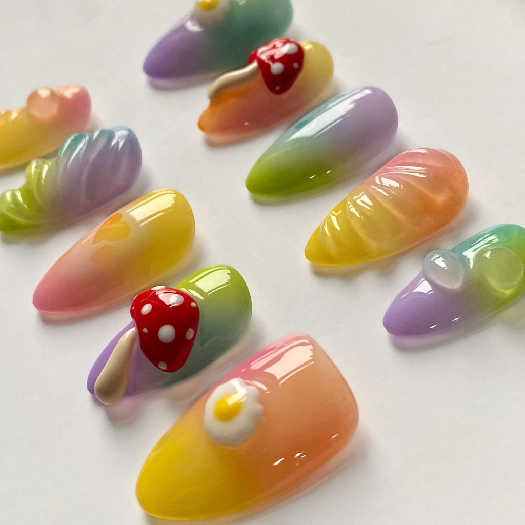 MABKJLF Handmade Short Almond 3D Press-On Nails – Reusable ABS, Full Kit Included