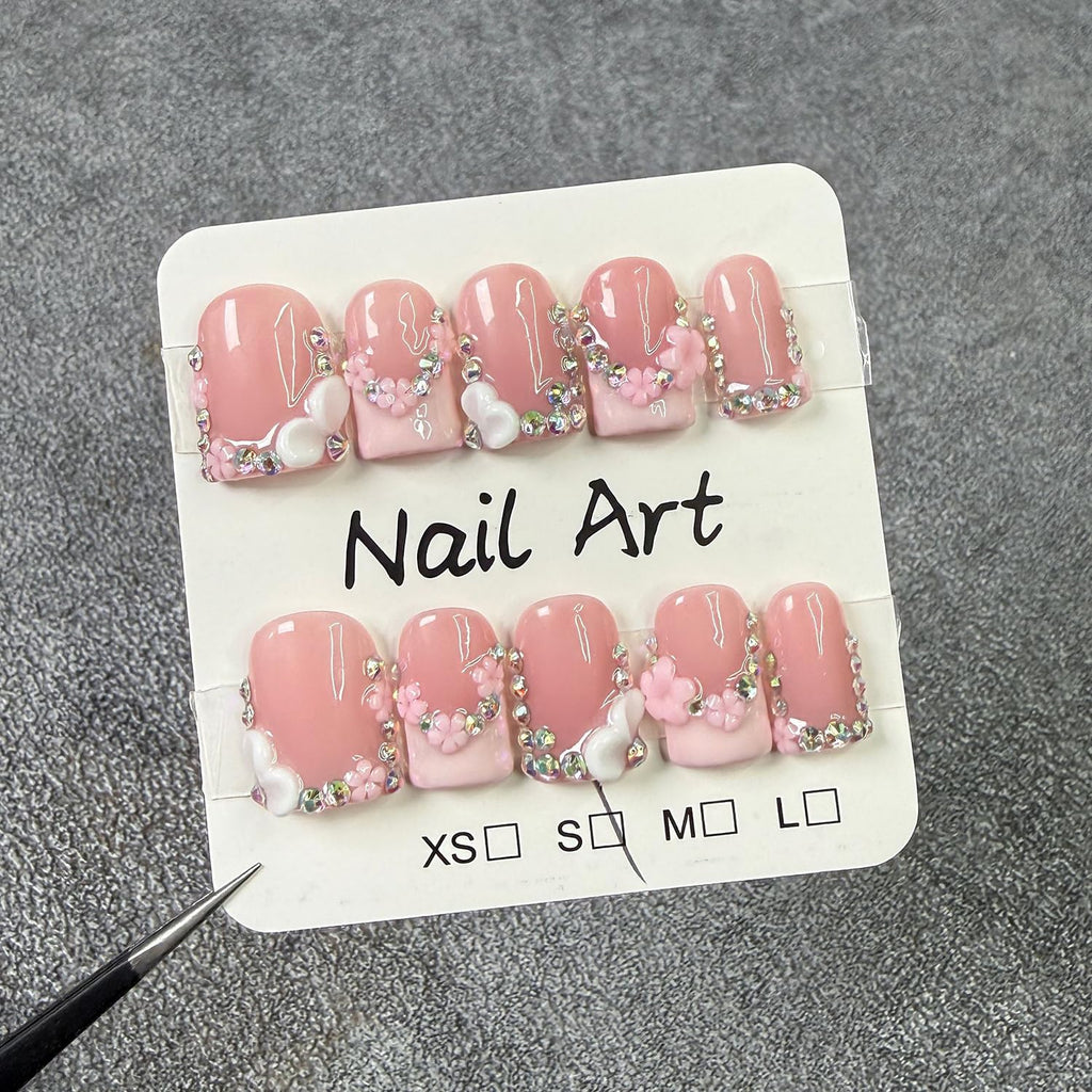 MABKJLF Luxury Press on Nails Short Square – Reusable ABS, 3D Flower Rhinestones & Glue-On Kit