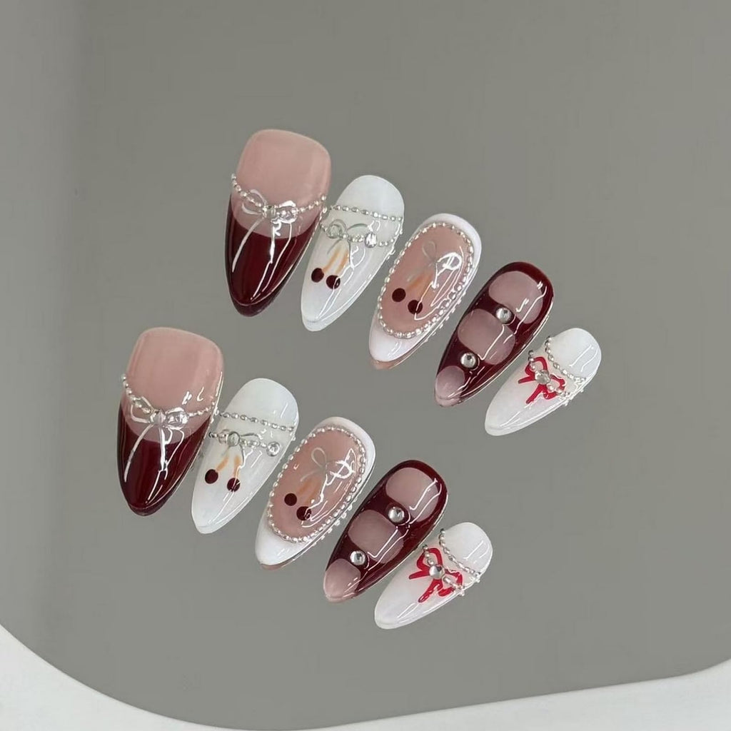 MABKJLF Luxury Press On Nails — Medium Almond, 3D Design, Reusable ABS, Glossy French Tip