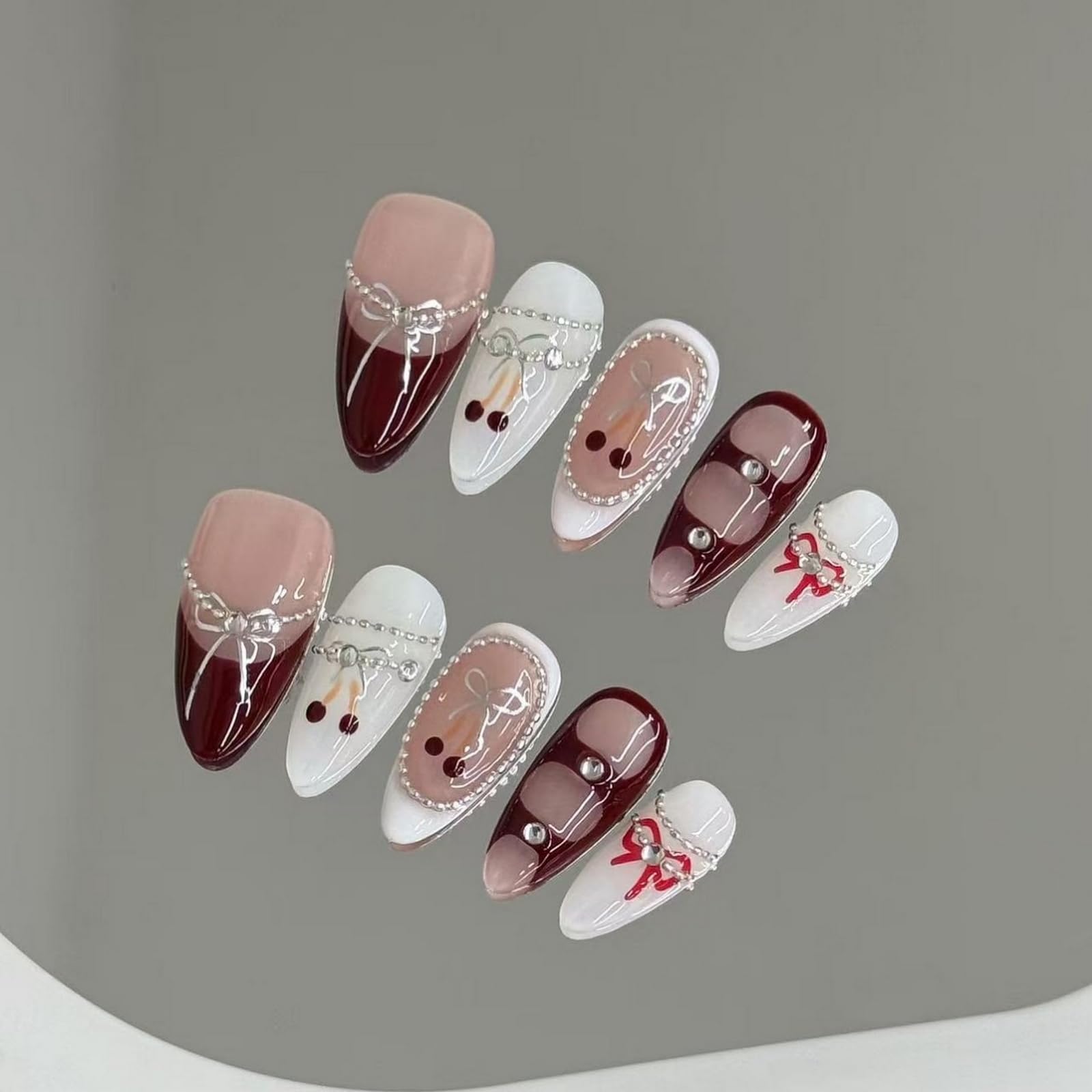 MABKJLF Luxury Press On Nails — Medium Almond, 3D Design, Reusable ABS, Glossy French Tip