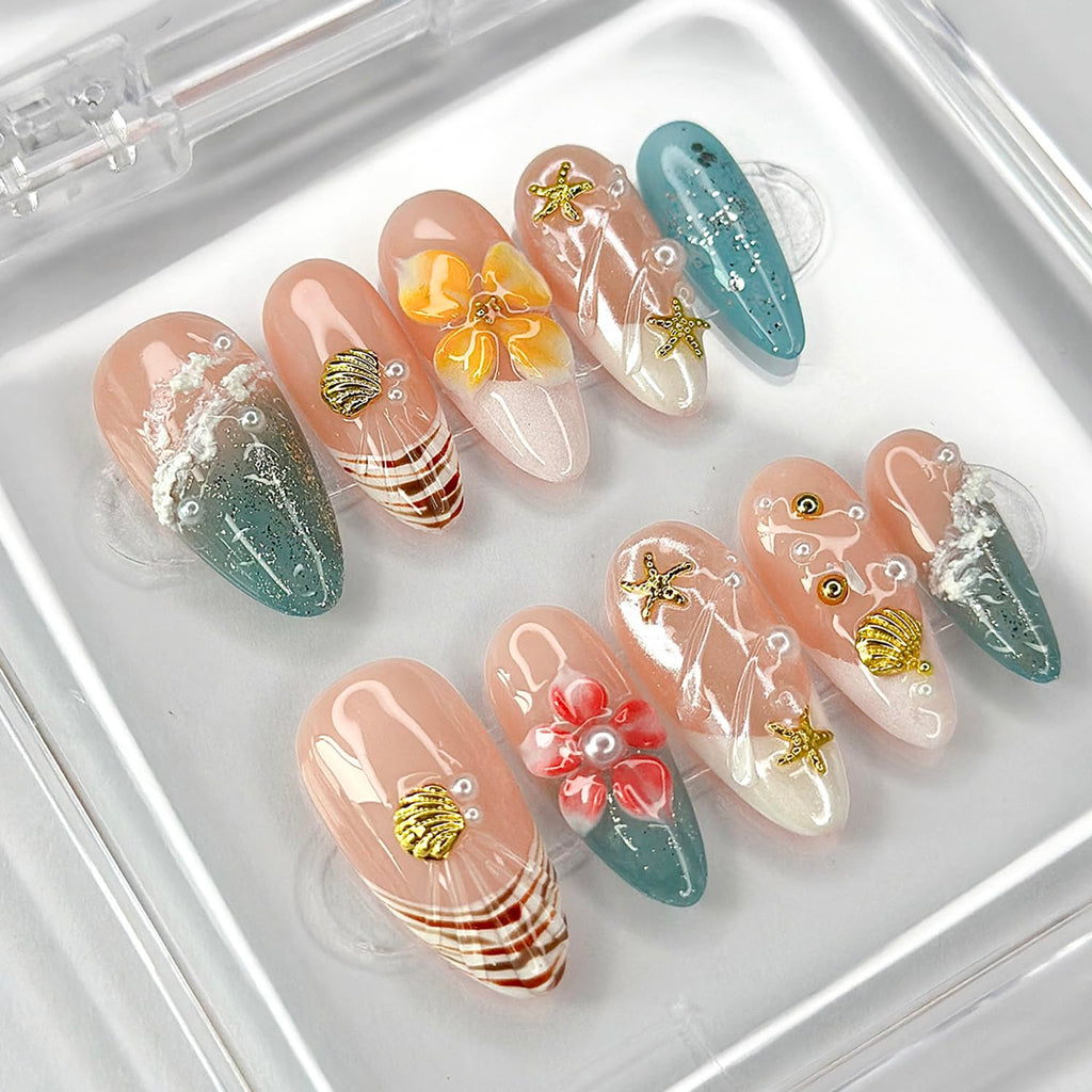 MABKJLF Luxury Press On Nails – Medium Almond French Tip, 3D Floral Design